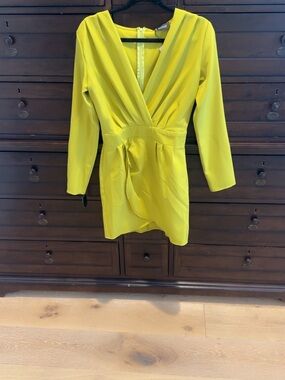 Yellow Long-Sleeve V-Neck Wrap Mini Dress